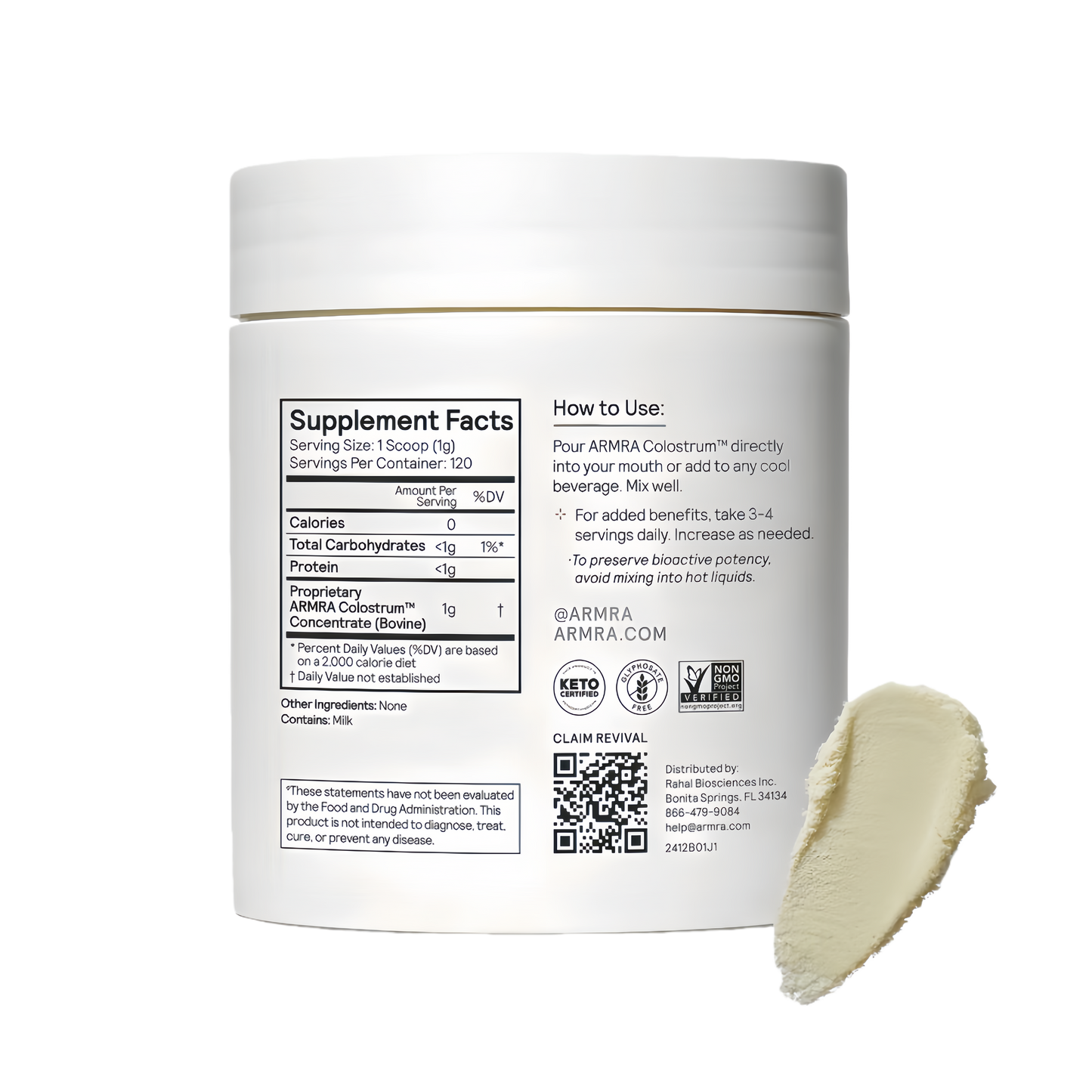 ARMRA Colostrum™ Powder | Unflavored | Gut Health & Bloating | Skin & Hair | Immunity | Keto, Gluten & Fat-Free | 120 Servings